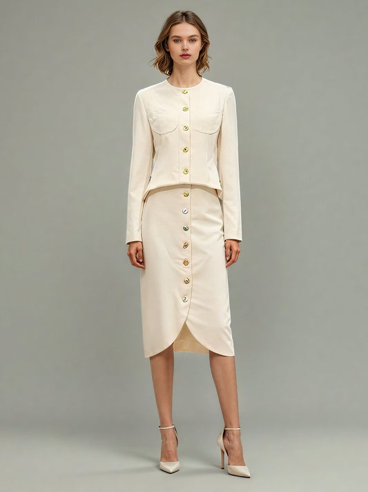 Apricot Two - Piece Set with Gold Button Detailing - SISPELL