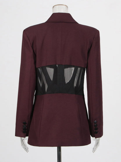 Avant - Garde Burgundy Blazer with Sheer Corset Detail - SISPELL