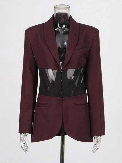 Avant - Garde Burgundy Blazer with Sheer Corset Detail - SISPELL