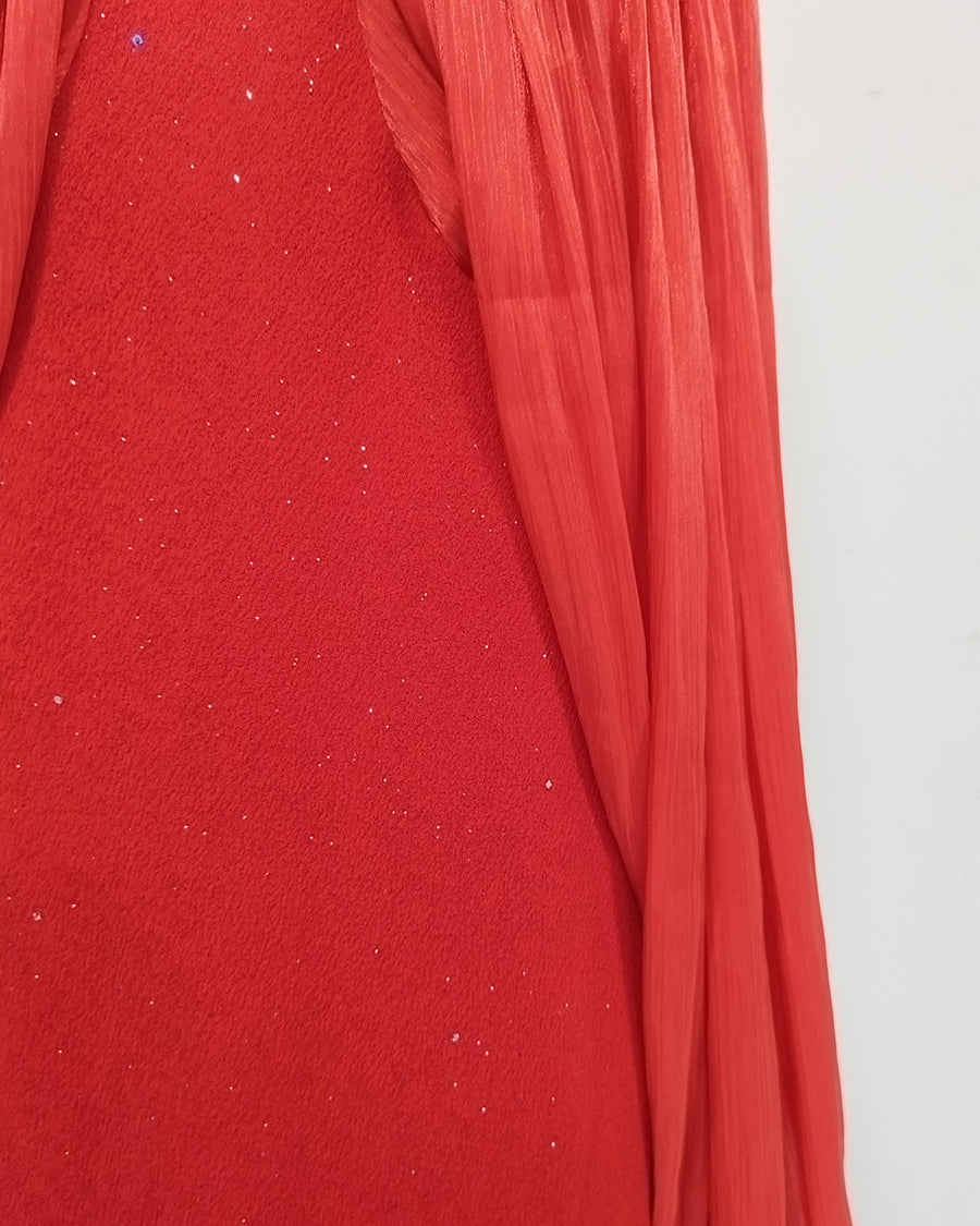 Red Sparkly Sheer Chiffon Lantern Sleeves Midi Dress