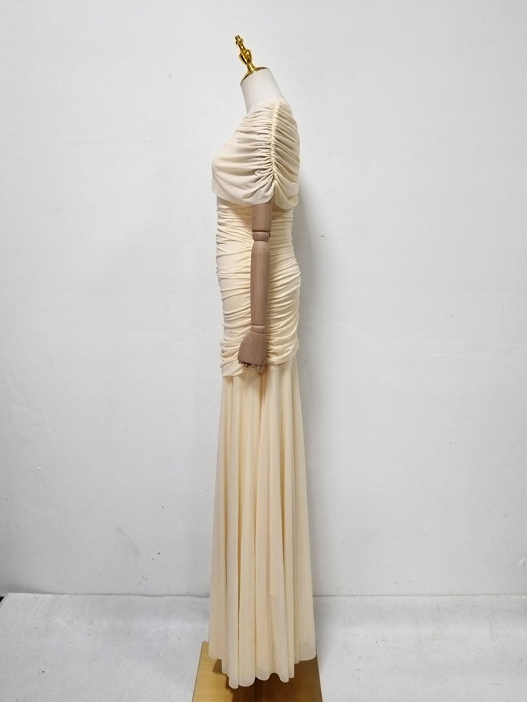 Yellow Ruched Waist Draped Maxi Dress