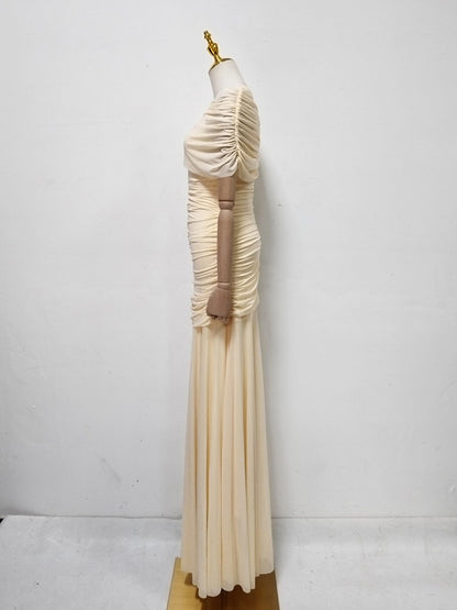 Yellow Ruched Waist Draped Maxi Dress