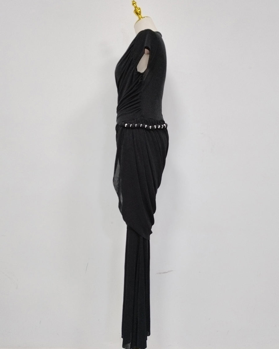 Black Round Neck Ruched Woven Dress