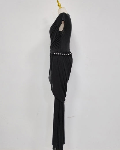 Black Round Neck Ruched Woven Dress