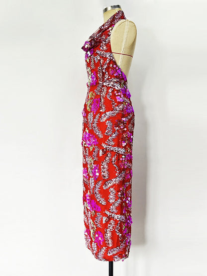 Patchwork Sequins Sleeveless Long Dress