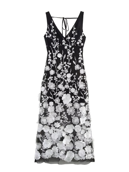 Hit Color V-neck Sleeveless Long Dress