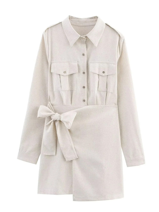 Lapel Solid Patchwork Short Dress
