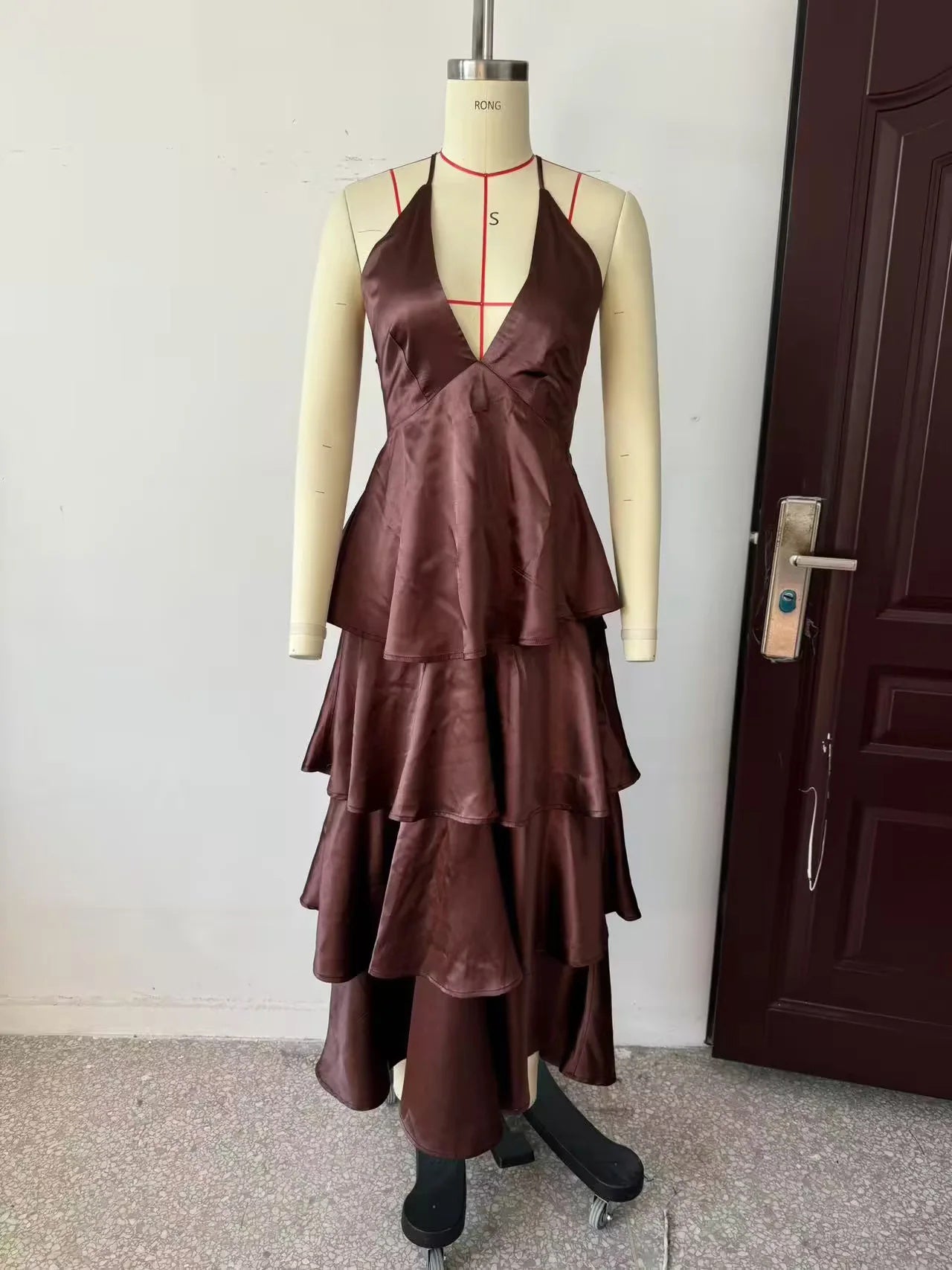 Deep V-neck Solid Long Dress