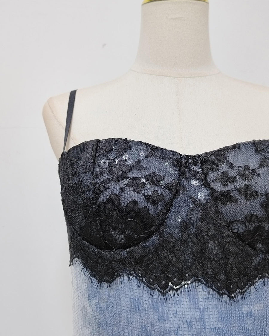 Blue Sequin  Black Lace Bustier Top Midi Dress