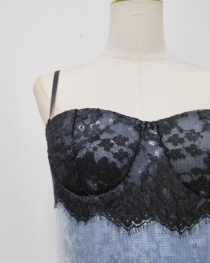Blue Sequin  Black Lace Bustier Top Midi Dress