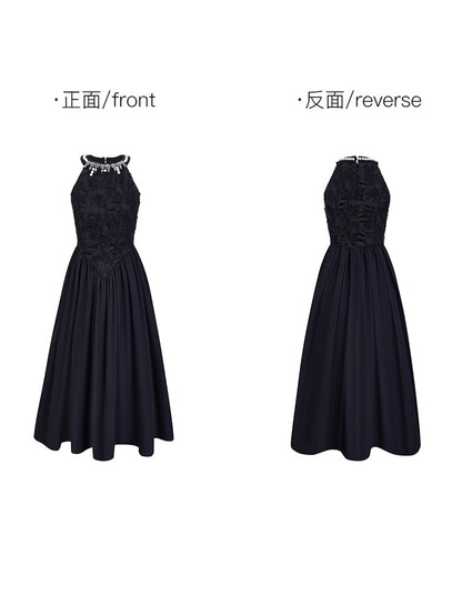 Temperament Solid Patchwork Pearls Midi Dress