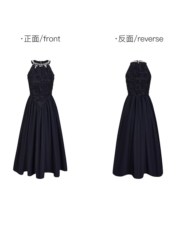 Temperament Solid Patchwork Pearls Midi Dress