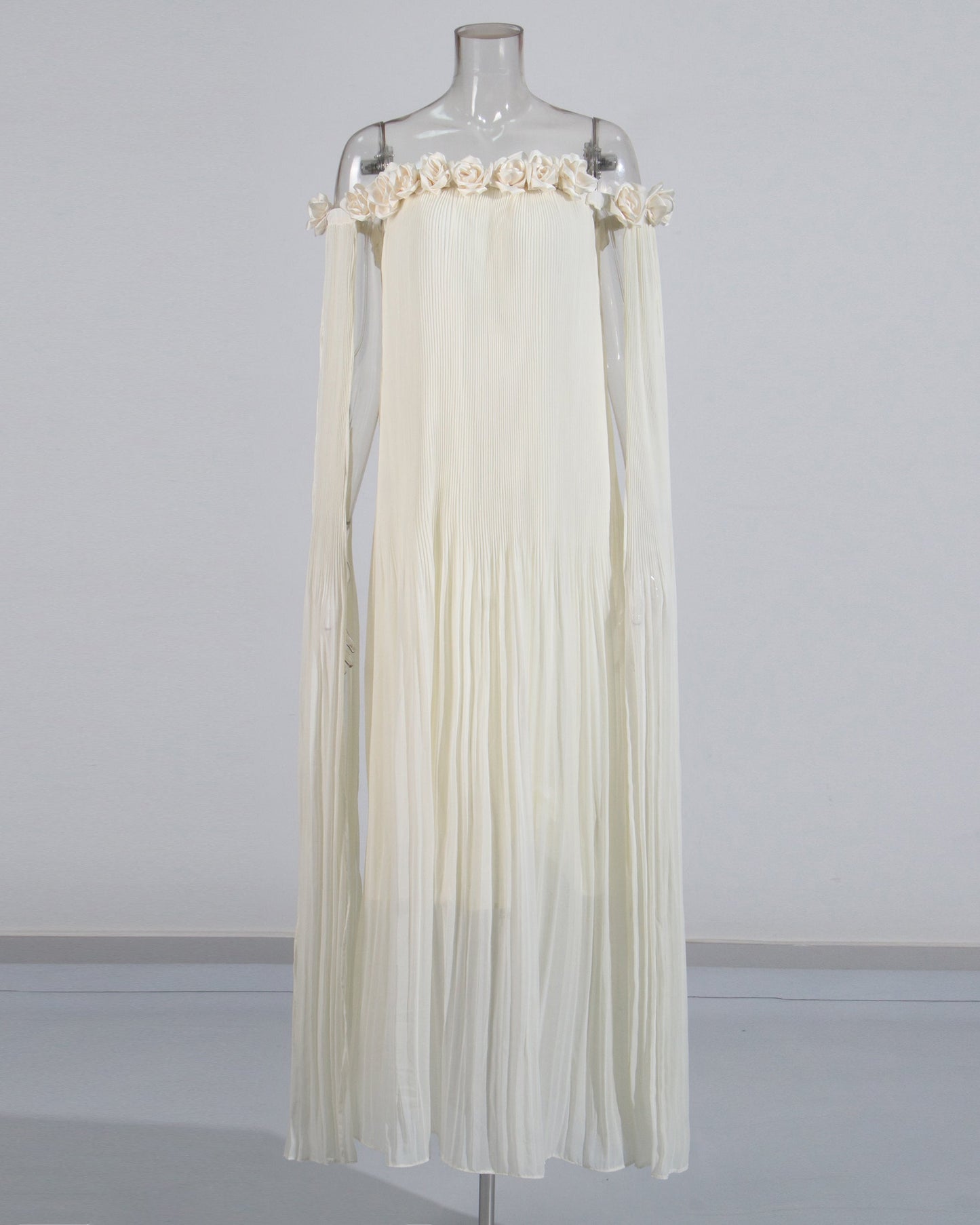 Beige Off - Shoulder Pleated Floral Maxi Dress - SISPELL