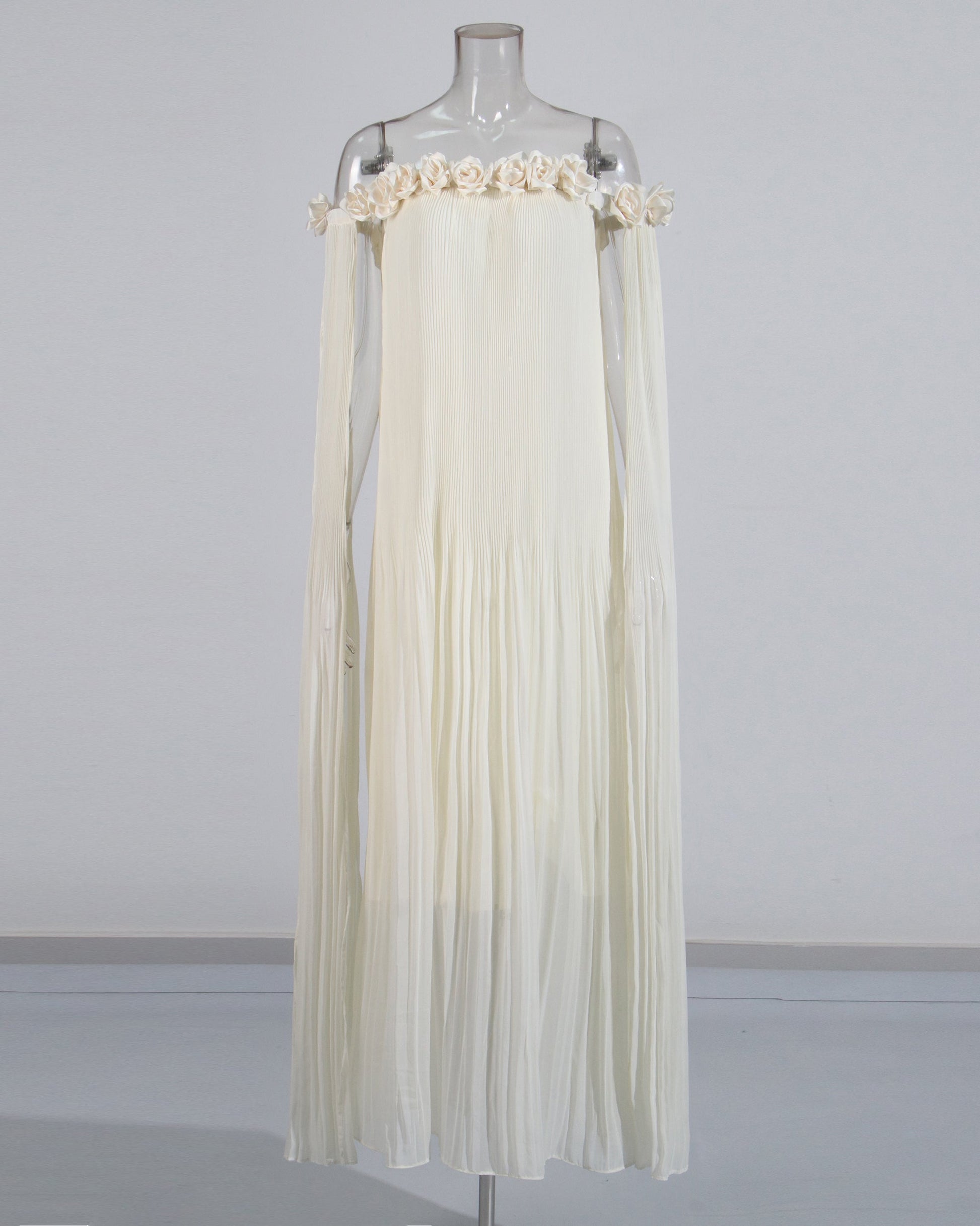 Beige Off - Shoulder Pleated Floral Maxi Dress - SISPELL