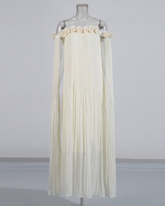 Beige Off - Shoulder Pleated Floral Maxi Dress - SISPELL