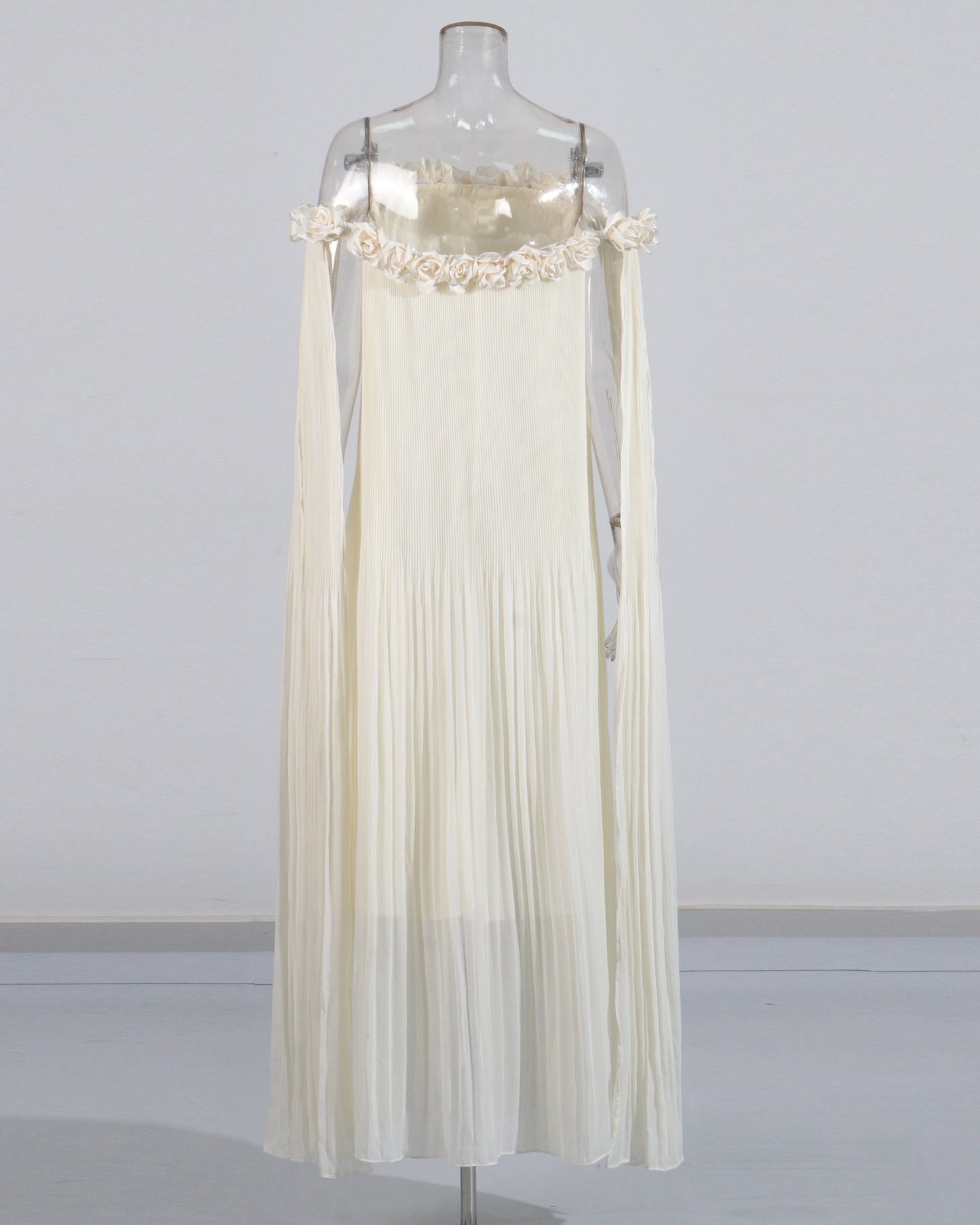 Beige Off - Shoulder Pleated Floral Maxi Dress - SISPELL