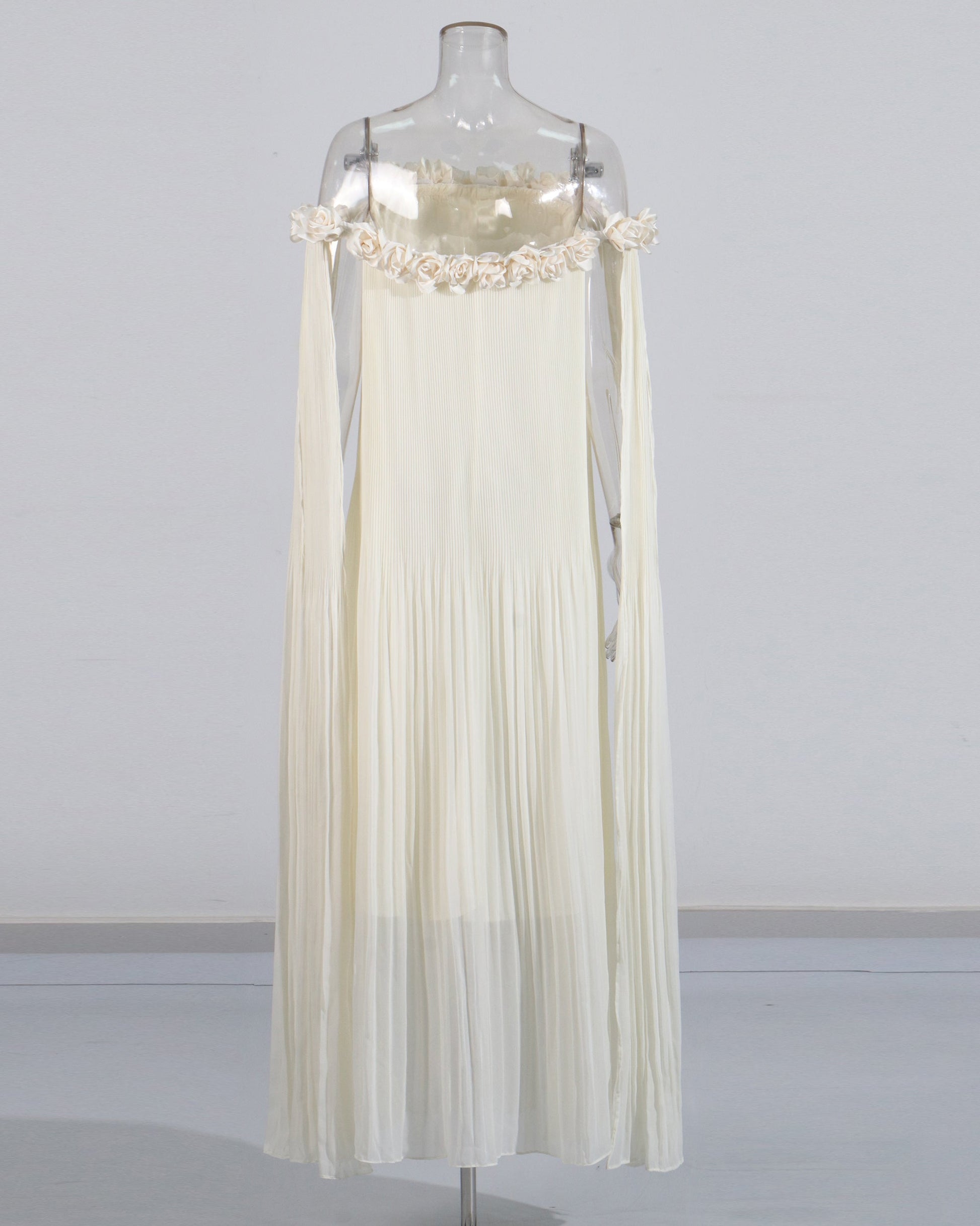 Beige Off - Shoulder Pleated Floral Maxi Dress - SISPELL