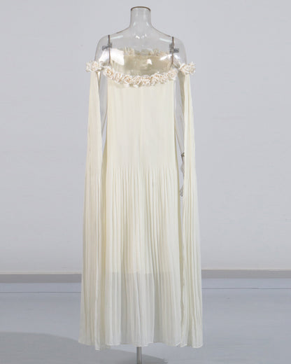Beige Off - Shoulder Pleated Floral Maxi Dress - SISPELL