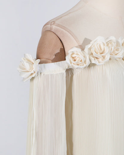Beige Off - Shoulder Pleated Floral Maxi Dress - SISPELL