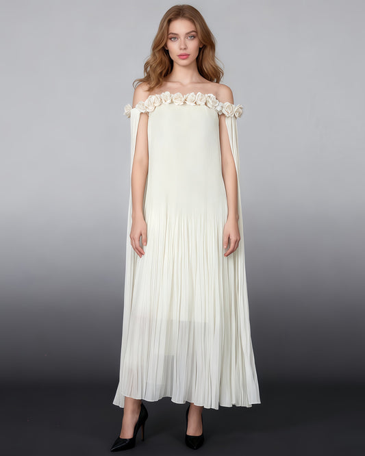 Beige Off - Shoulder Pleated Floral Maxi Dress - SISPELL