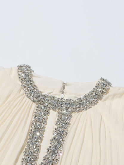 Beige Pleated Maxi Dress with Crystal & Feather Details - SISPELL