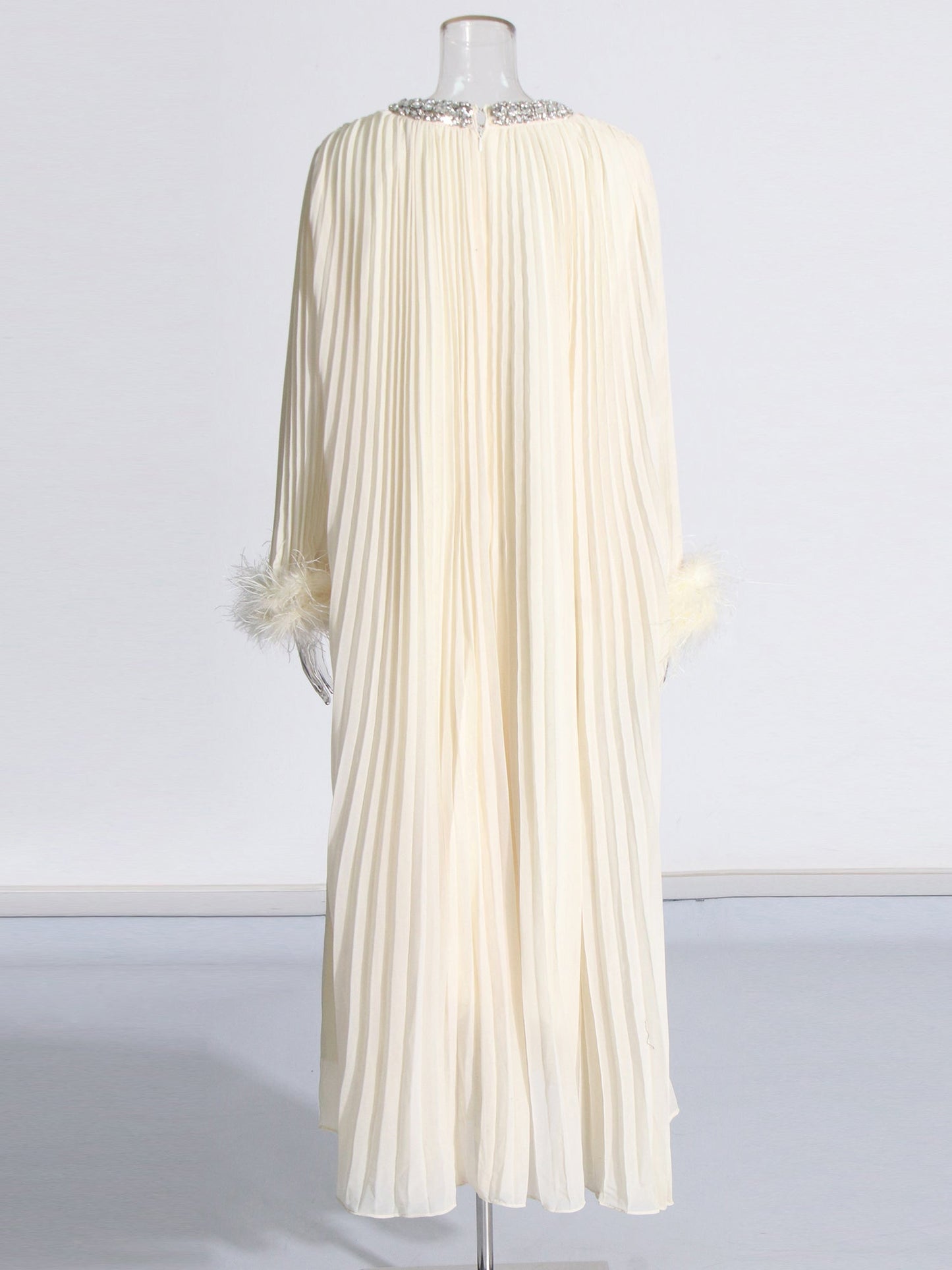 Beige Pleated Maxi Dress with Crystal & Feather Details - SISPELL