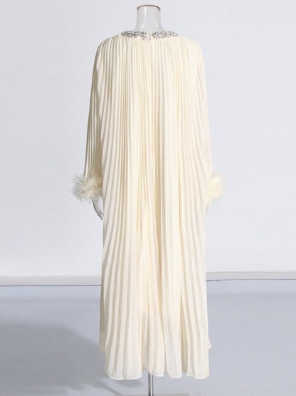 Beige Pleated Maxi Dress with Crystal & Feather Details - SISPELL
