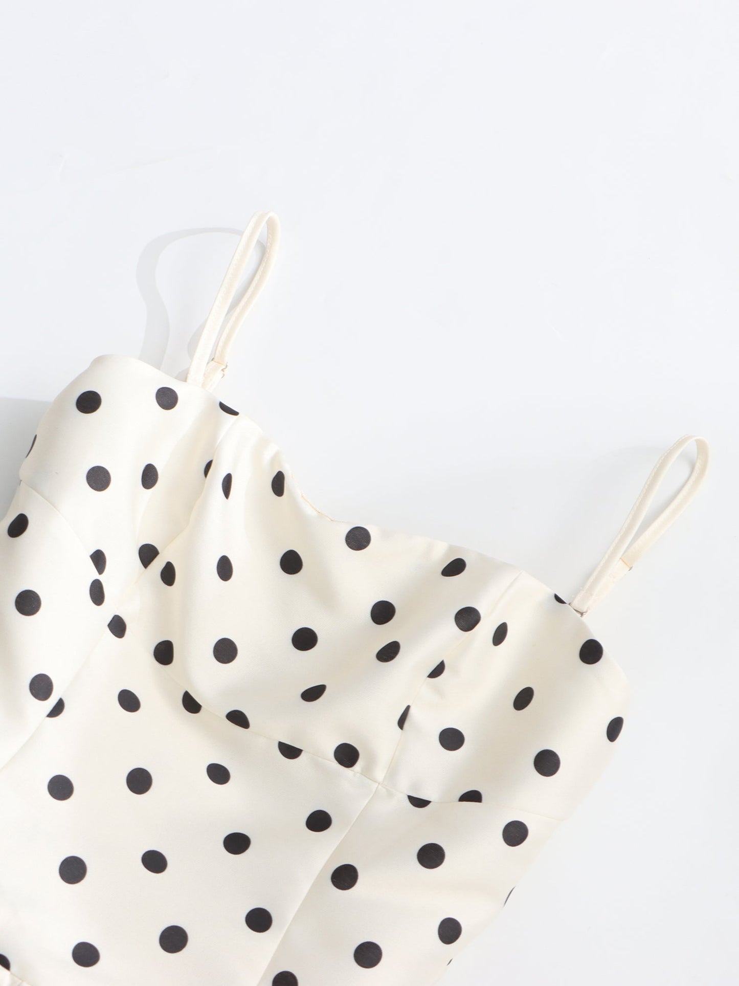 Beige Polka Dot Midi Dress with Spaghetti Straps - SISPELL