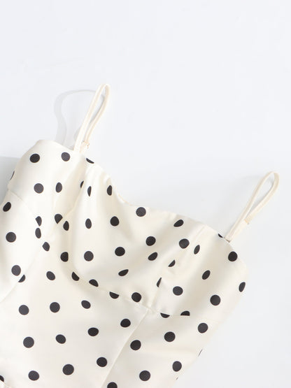 Beige Polka Dot Midi Dress with Spaghetti Straps - SISPELL