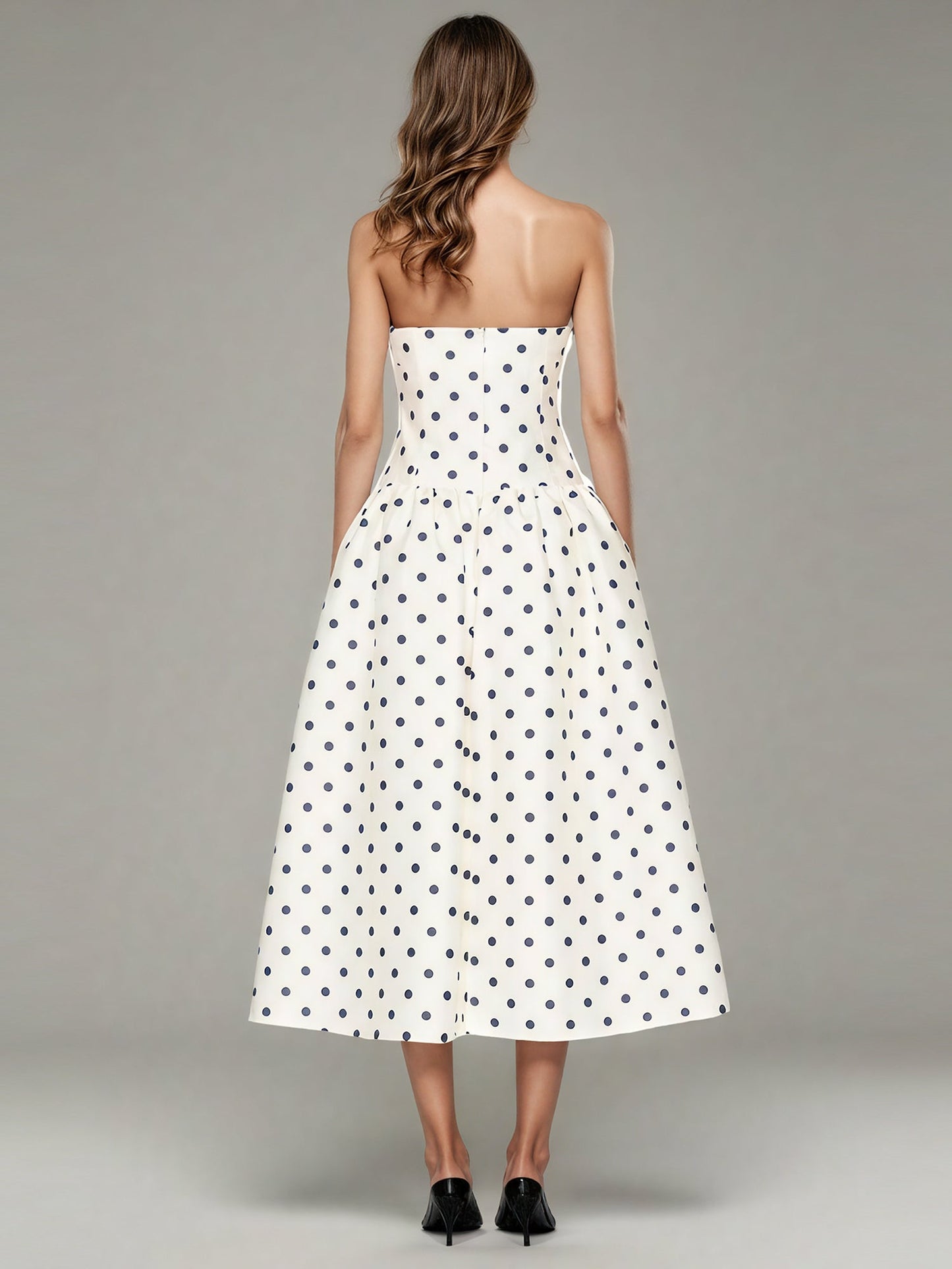 Beige Polka Dot Midi Dress with Spaghetti Straps - SISPELL