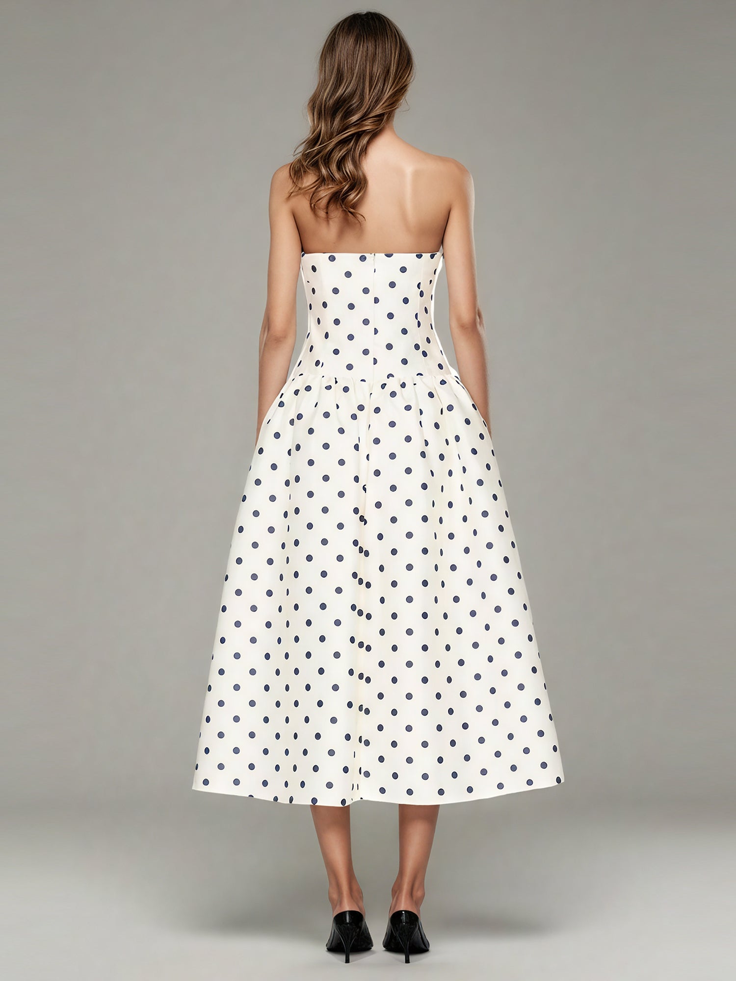 Beige Polka Dot Midi Dress with Spaghetti Straps - SISPELL