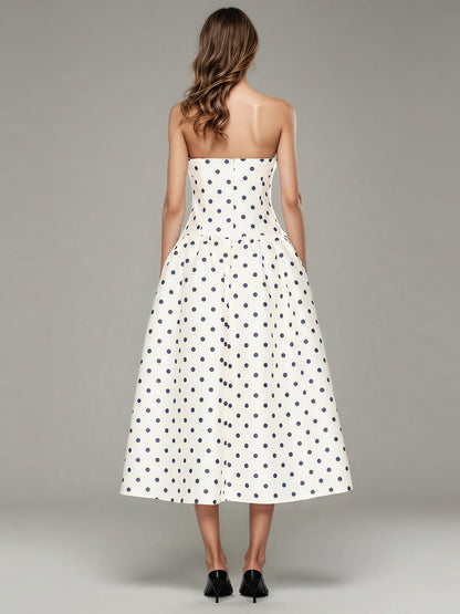 Beige Polka Dot Midi Dress with Spaghetti Straps - SISPELL