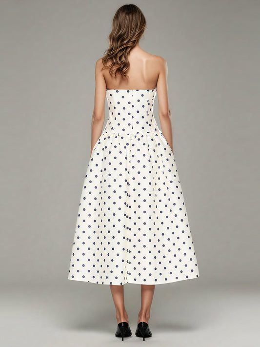 Beige Polka Dot Midi Dress with Spaghetti Straps - SISPELL