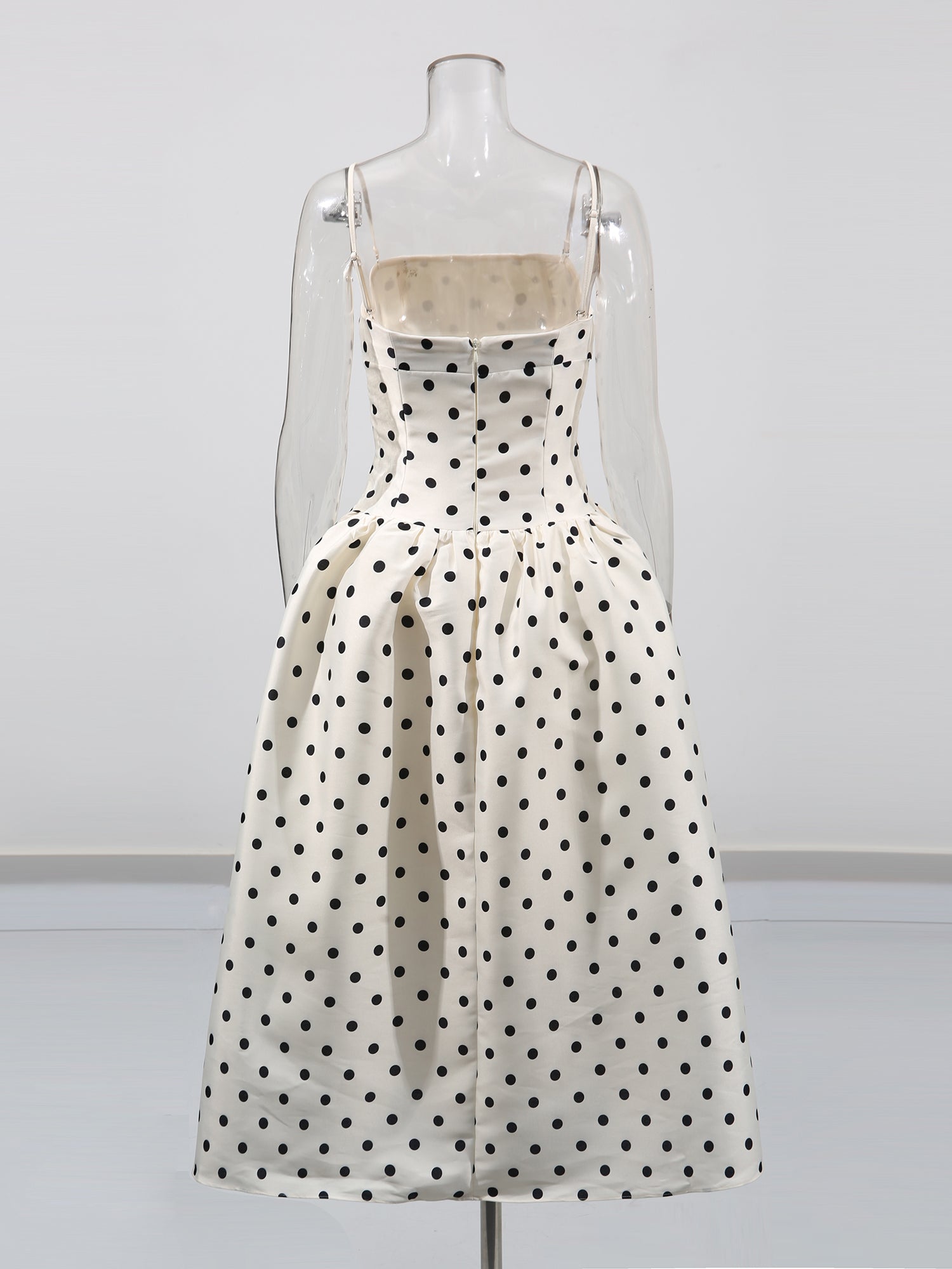 Beige Polka Dot Midi Dress with Spaghetti Straps - SISPELL