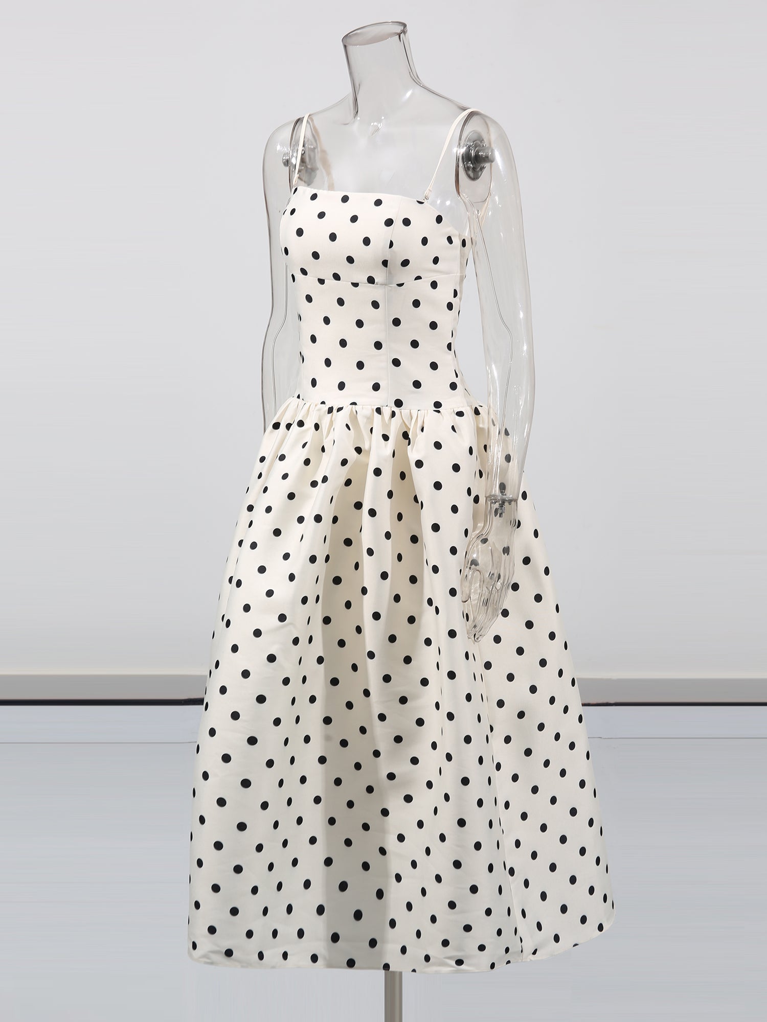 Beige Polka Dot Midi Dress with Spaghetti Straps - SISPELL