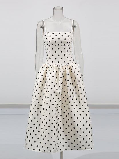 Beige Polka Dot Midi Dress with Spaghetti Straps - SISPELL