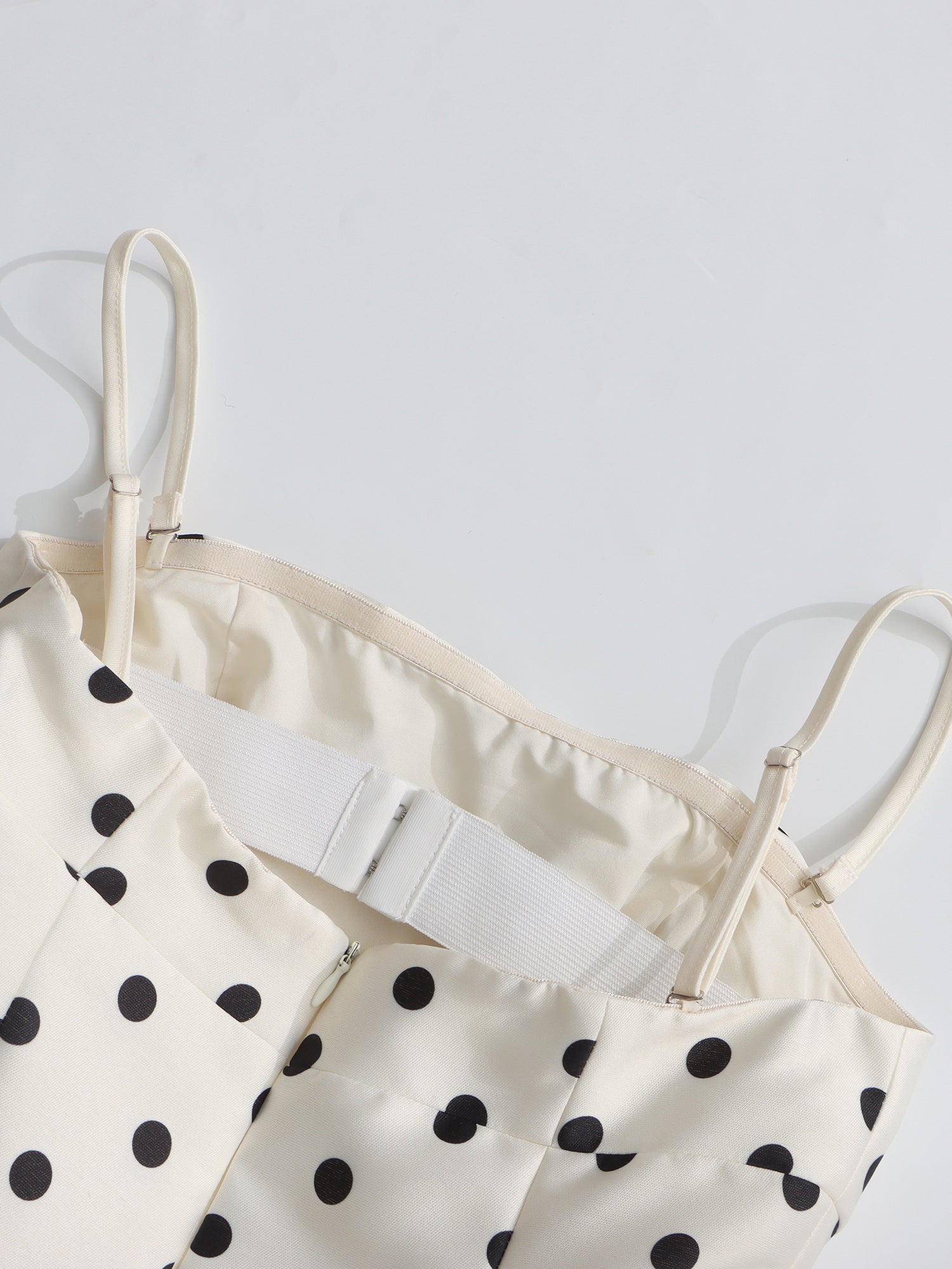 Beige Polka Dot Midi Dress with Spaghetti Straps - SISPELL