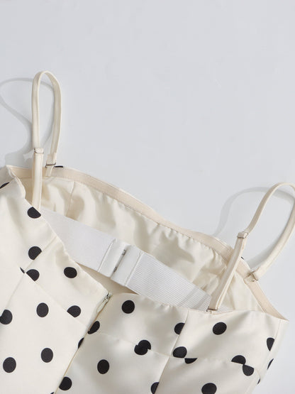 Beige Polka Dot Midi Dress with Spaghetti Straps - SISPELL