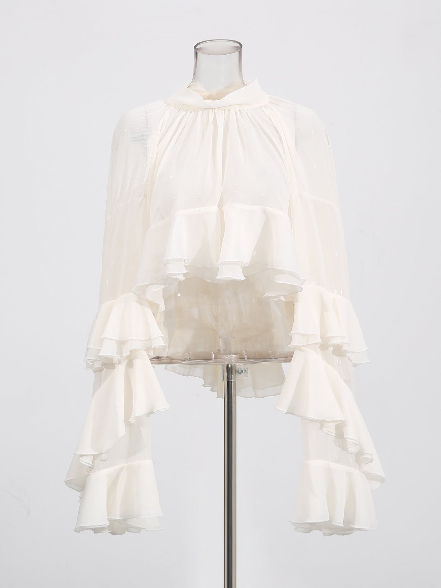 Beige Ruffled Chiffon Blouse with Tiered Bell Sleeves - SISPELL