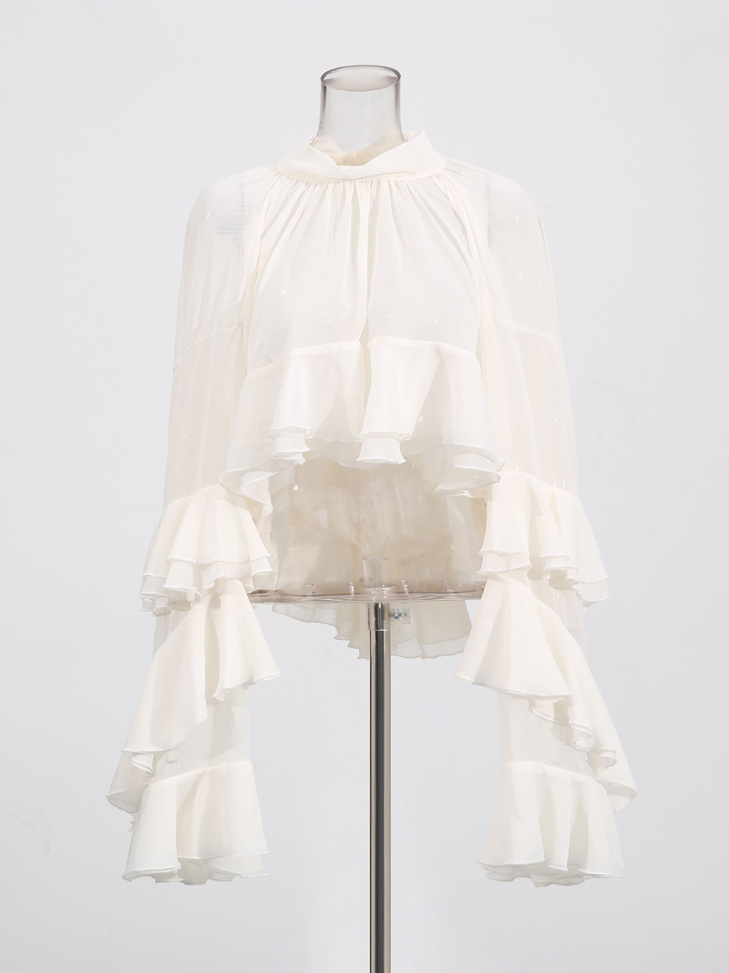 Beige Ruffled Chiffon Blouse with Tiered Bell Sleeves - SISPELL