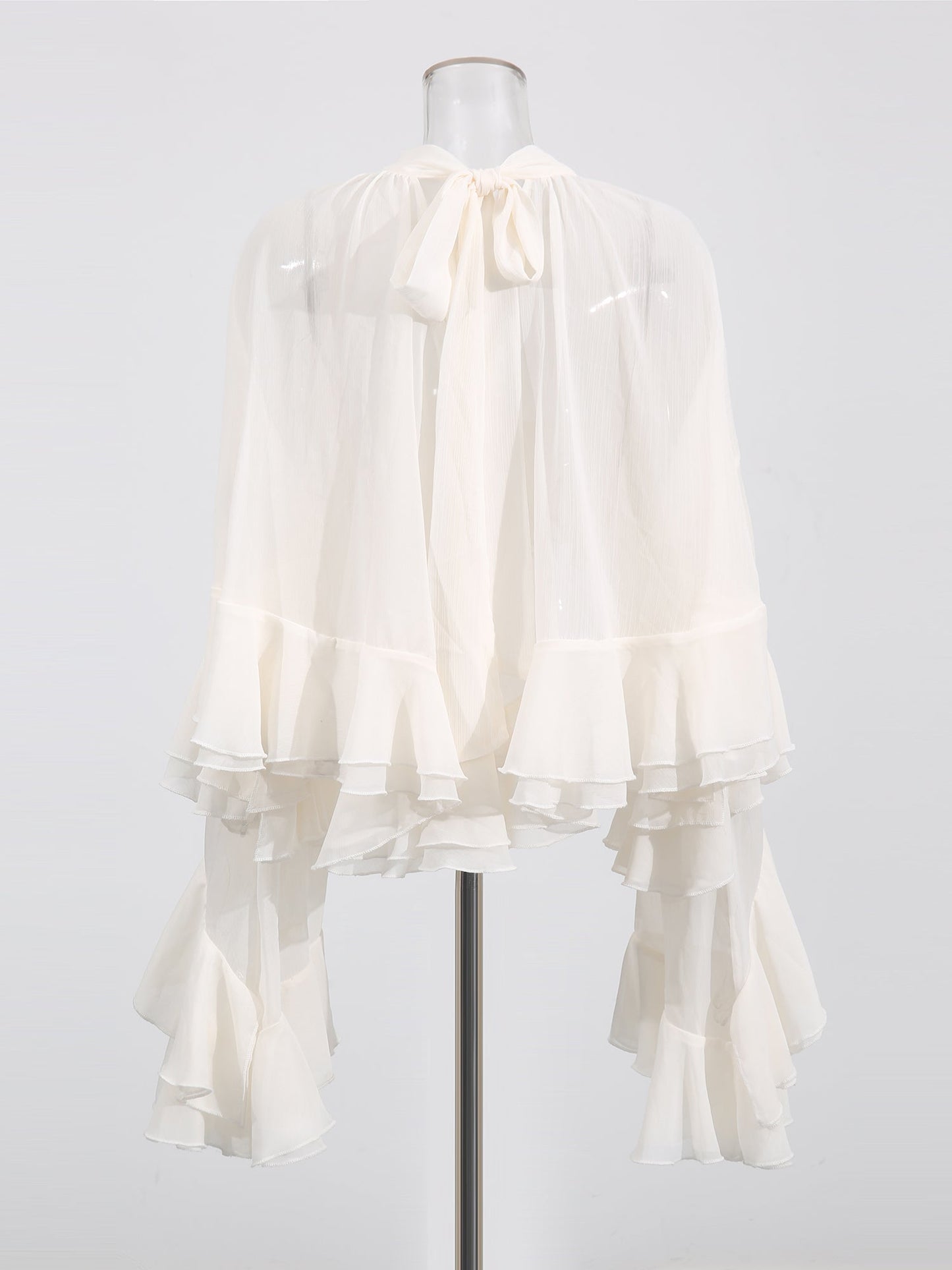 Beige Ruffled Chiffon Blouse with Tiered Bell Sleeves - SISPELL