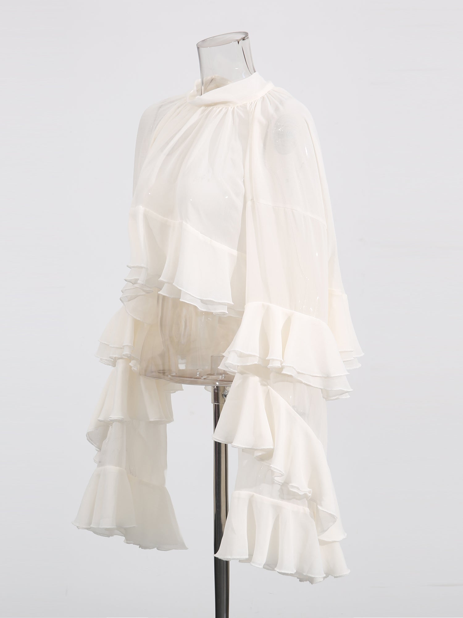 Beige Ruffled Chiffon Blouse with Tiered Bell Sleeves - SISPELL