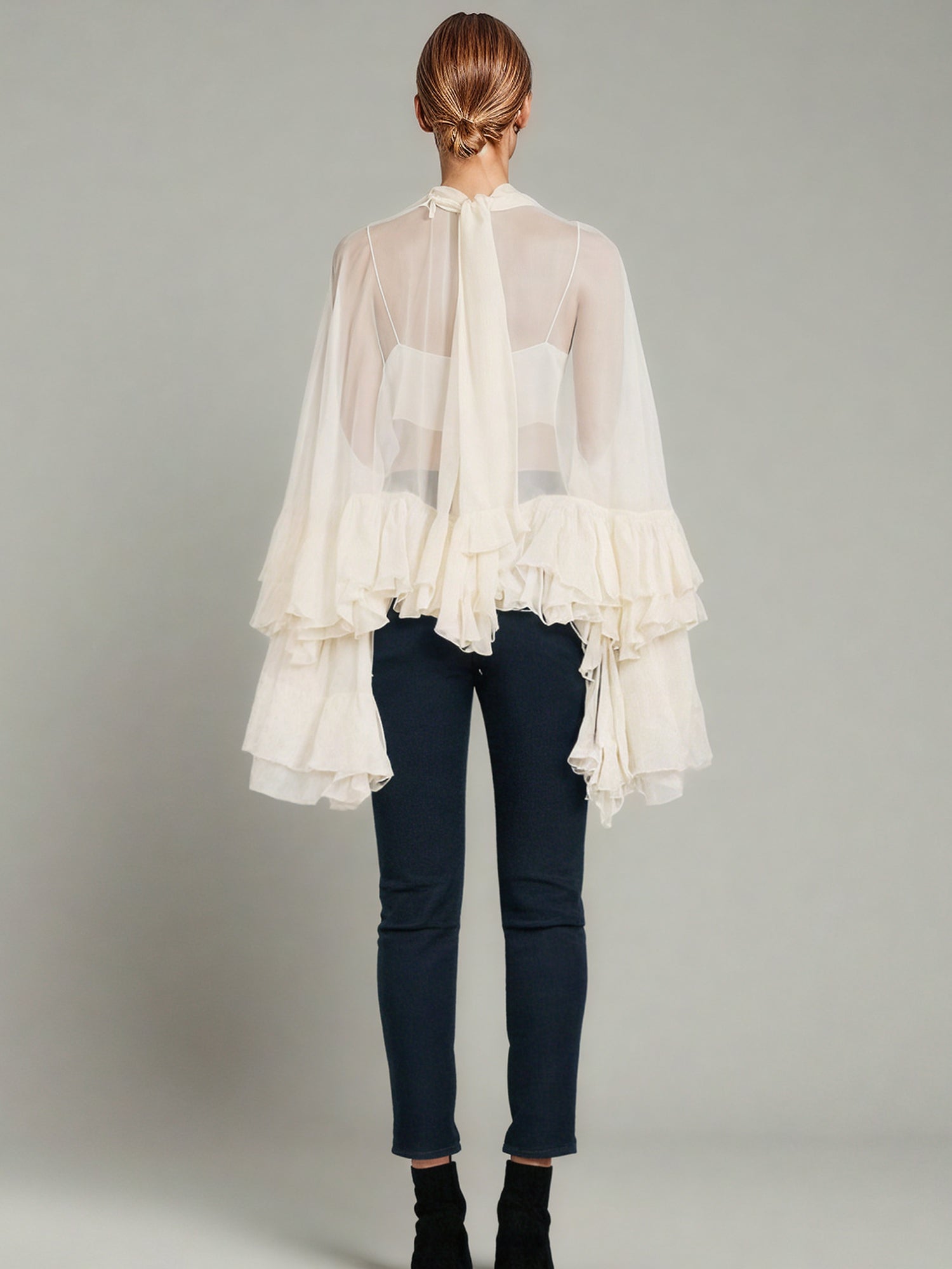 Beige Ruffled Chiffon Blouse with Tiered Bell Sleeves - SISPELL