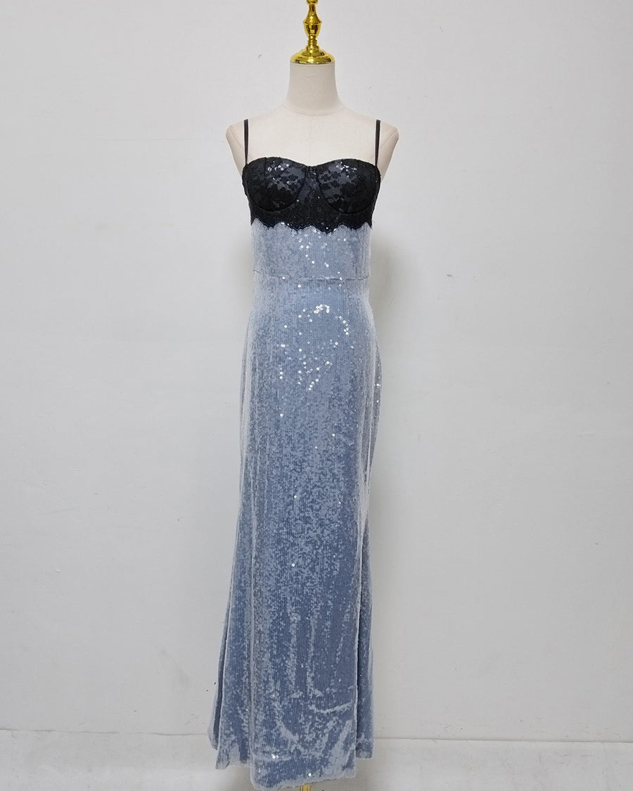 Blue Sequin  Black Lace Bustier Top Midi Dress