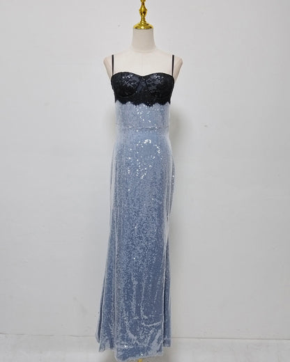 Blue Sequin  Black Lace Bustier Top Midi Dress