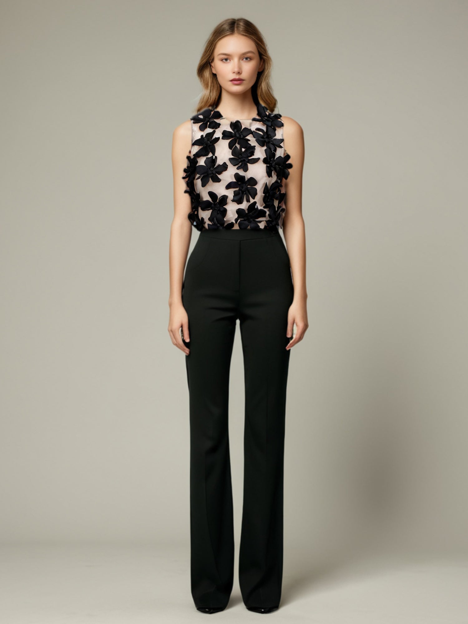 Black 3D Floral Appliqué Sleeveless Top - SISPELL