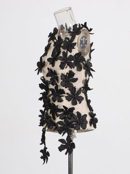 Black 3D Floral Appliqué Sleeveless Top - SISPELL