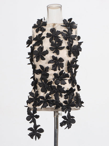 Black 3D Floral Appliqué Sleeveless Top - SISPELL