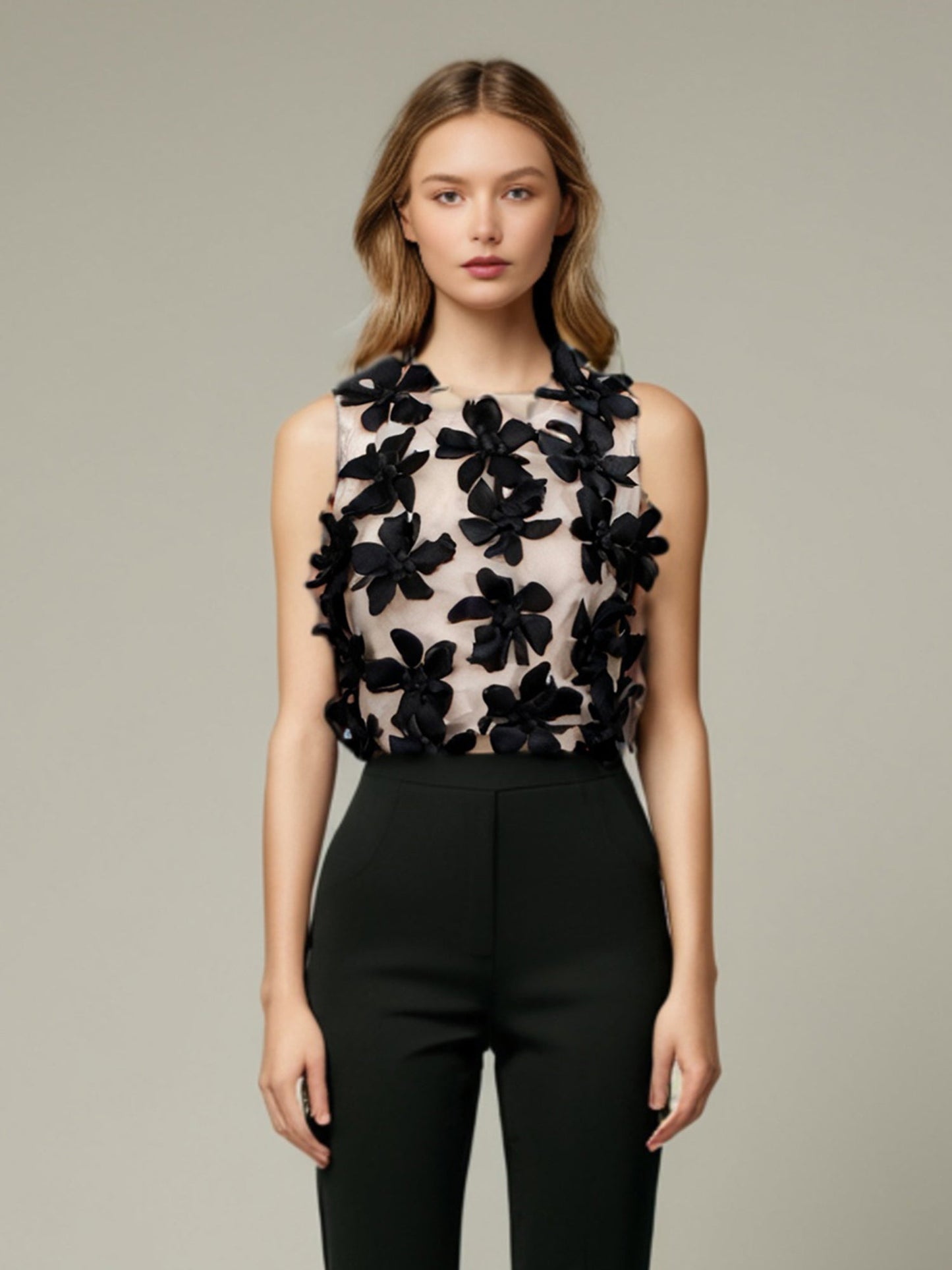 Black 3D Floral Appliqué Sleeveless Top - SISPELL