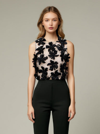 Black 3D Floral Appliqué Sleeveless Top - SISPELL